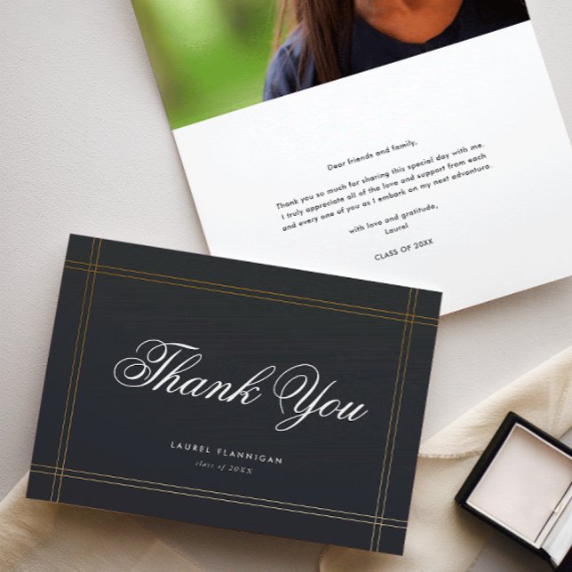 Formal Graduation Photo Thank You Note Card (Elegant calligraphy script black and gold graduation photo thank you card.)
