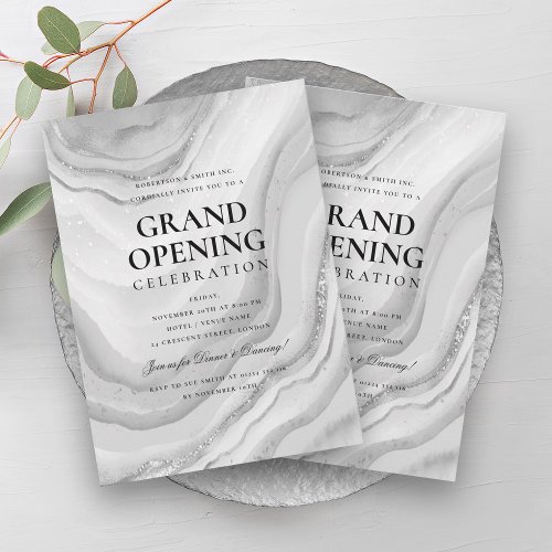 Formal Grand Opening Silver Marble Glitter Invitation