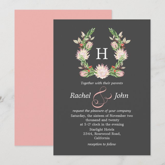 Formal Gray Australian Floral Monogram Wedding Invitation (Front/Back)