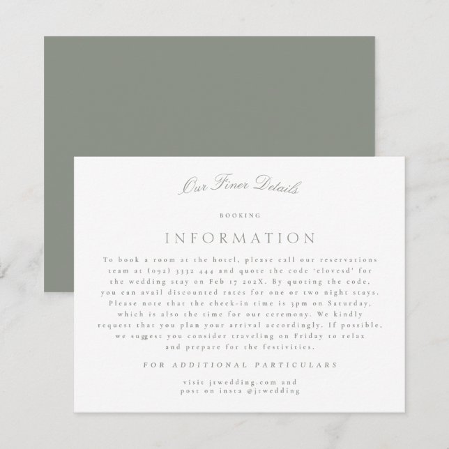 Formal Gray Green Calligraphy Wedding Details Enclosure Card (Front/Back)