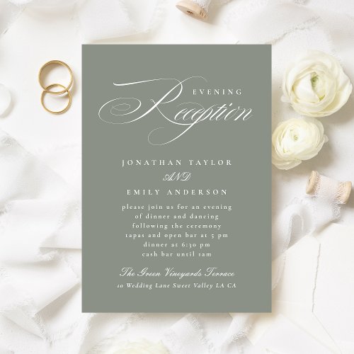 Formal Gray Green Calligraphy Wedding Reception Enclosure Card