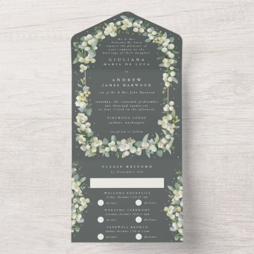 Formal Gray Green SnowberryEucalyptus Wedding All In One Invitation