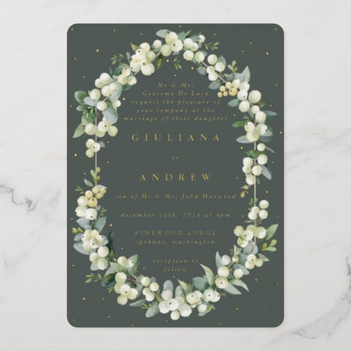Formal Gray Green SnowberryEucalyptus Wedding Foil Invitation
