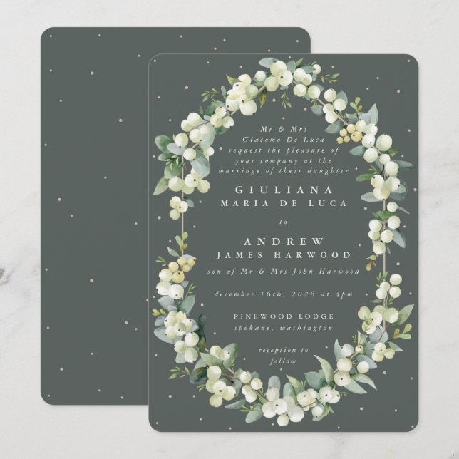 Formal Gray Green Snowberry+Eucalyptus Wedding Invitation (Front/Back)