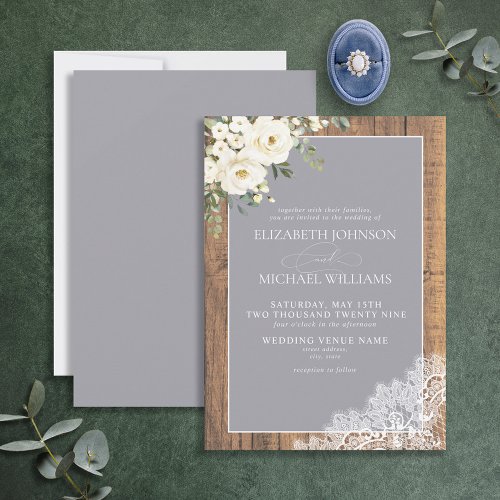 Formal Gray Rustic Wood Lace Script Wedding Invitation