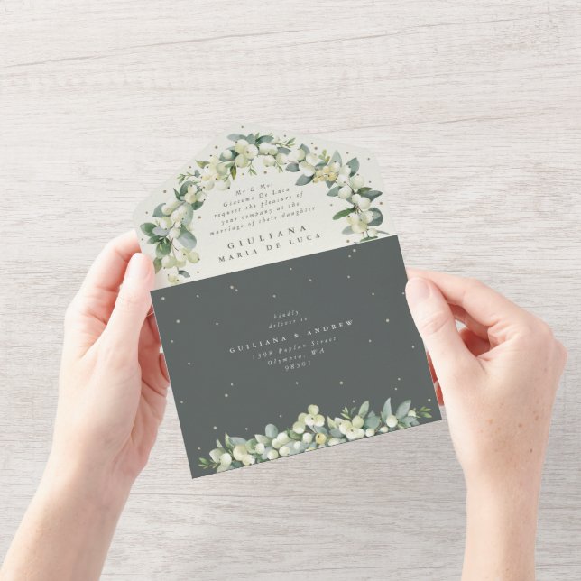 Formal Green/Cream Snowberry+Eucalyptus Wedding All In One Invitation (Opening)