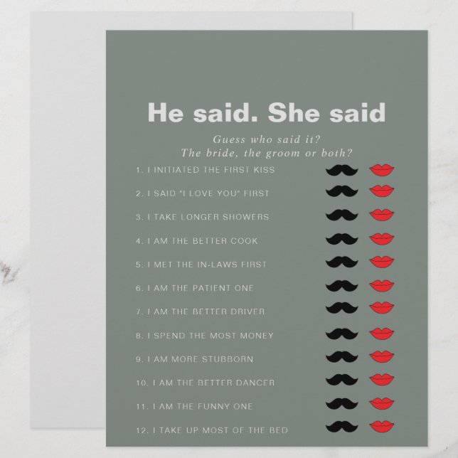 Formal Green He Said She Said Bridal Shower Game (Front/Back)
