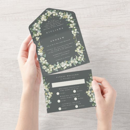 Formal Green SnowberryEucalyptus Winter Wedding All In One Invitation