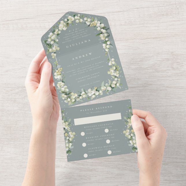 Formal Green Snowberry+Eucalyptus Winter Wedding All In One Invitation (Tearaway)