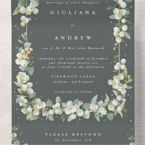 Formal Green SnowberryEucalyptus Winter Wedding All In One Invitation