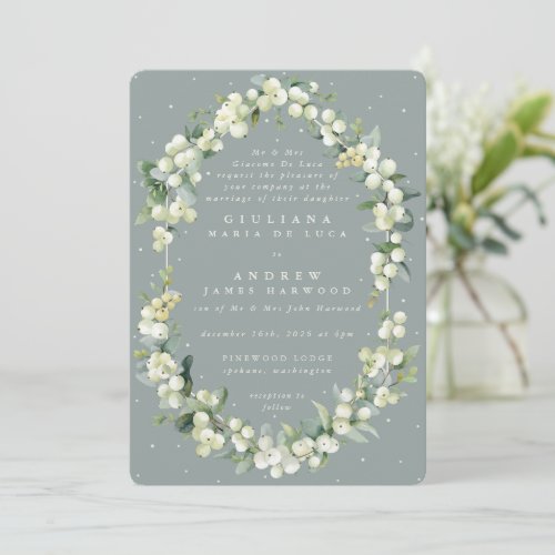 Formal Green SnowberryEucalyptus Winter Wedding Invitation