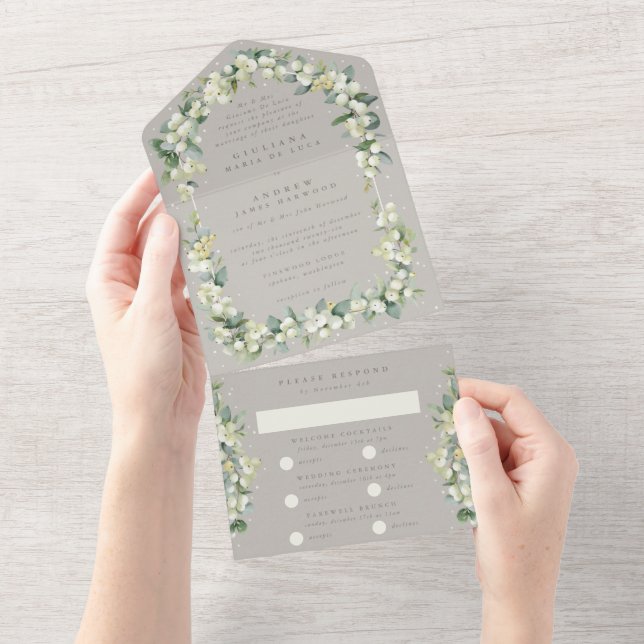 Formal Greige Snowberry+Eucalyptus Wedding All In One Invitation (Tearaway)