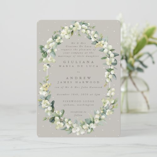Formal Greige SnowberryEucalyptus Winter Wedding Invitation