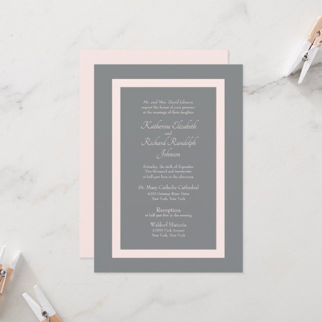 Formal Grey and Pink Wedding Invitation (Front/Back In Situ)