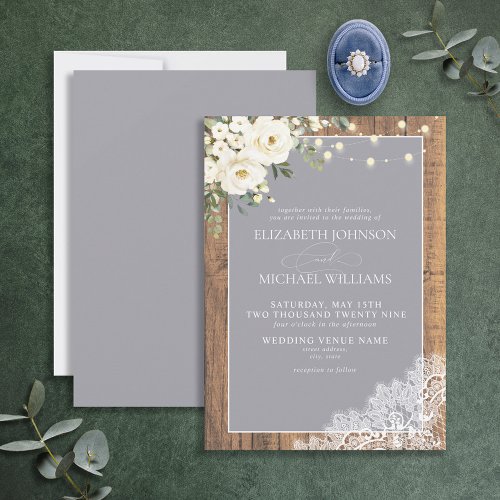 Formal Grey Rustic Wood Lace Script Wedding Invitation