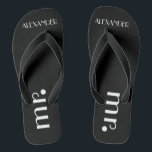 Formal Grooms Wedding Personalized Flip Flops<br><div class="desc">A cute addition to your beach or poolside wedding! Black flip flops with the word "Mr." and the grooms name are personalized. To see matching brides flip flops- Please visit my store "The Hungarican Princess" at www.zazzle.com/hungaricanprincess*. Look in my "Flip Flops" department category. Congratulations!</div>