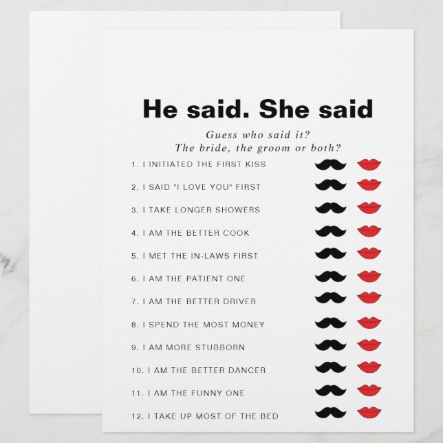 Formal He Said She Said Bridal Shower Game (Front/Back)