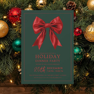Formal Holiday Dinner Party Red Satin Bow Green Invitation