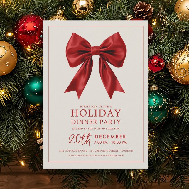 Formal Holiday Dinner Party Red Satin Bow Invitation (Formal Holiday Dinner Party Red Satin Bow Invitation)