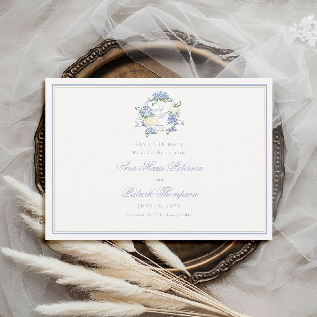 Formal Hydrangeas Crest Blue Ivory Frame Wedding Save The Date (formal wedding save the date modern classic traditional frame hydrangea crest blue ivory old money)