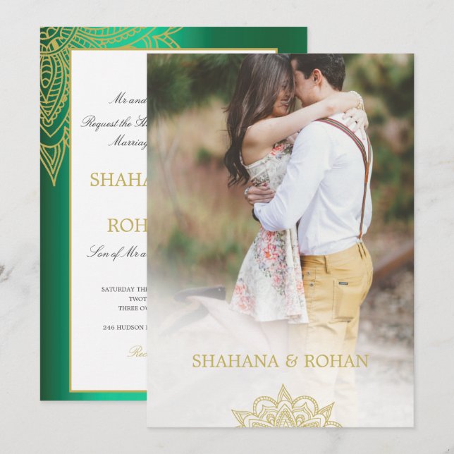 Formal Indian Style Photo Green Gold Chic Wedding Invitation (Front/Back)