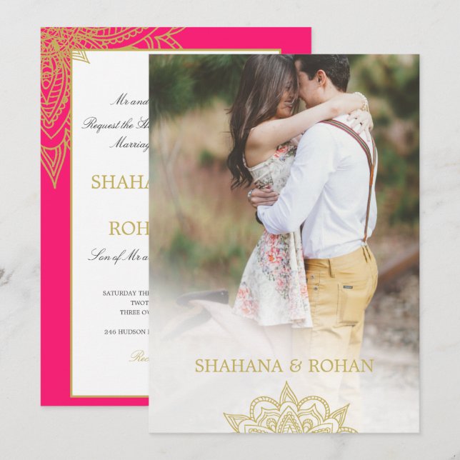Formal Indian Style Photo Pink Gold Chic Wedding  Invitation (Front/Back)