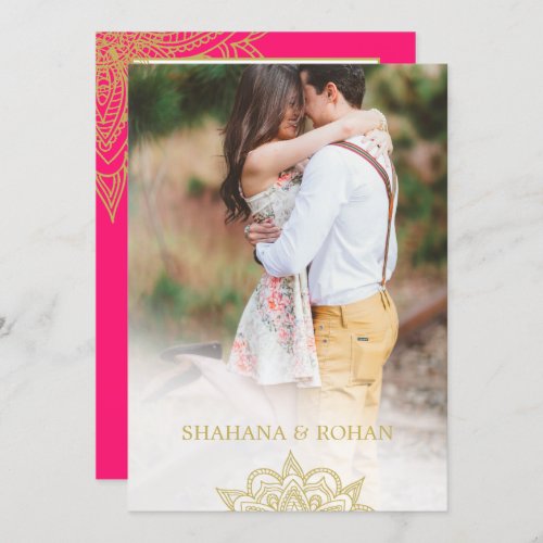 Formal Indian Style Photo Pink Gold Chic Wedding  Invitation