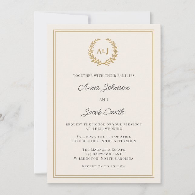 Formal Ivory & Gold Laurel Wreath Monogram Wedding Invitation (Front)
