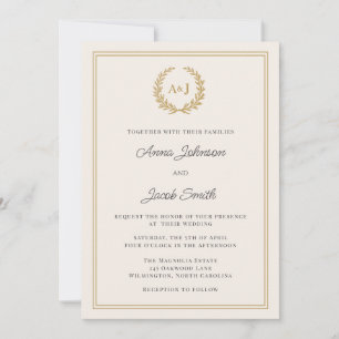 Formal Ivory & Gold Laurel Wreath Monogram Wedding Invitation