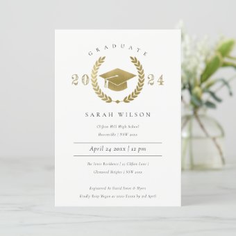 Formal Laurel Wreath Gold Graduation Cap Party Invitation | Zazzle