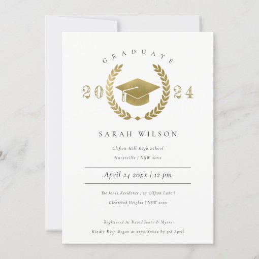 Formal Laurel Wreath Gold Graduation Cap Party Invitation | Zazzle