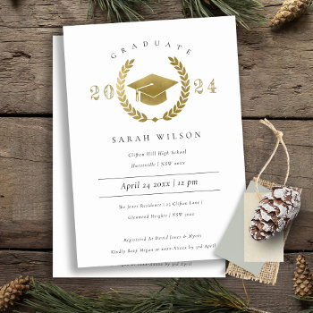 Formal Laurel Wreath Gold Graduation Cap Party Invitation by YellowFebPaperie at Zazzle