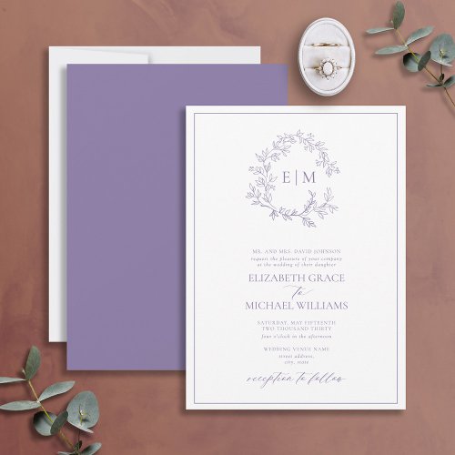 Formal Lavender Leafy Crest Monogram Wedding Invitation