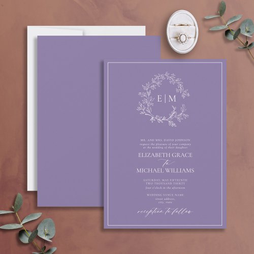 Formal Lavender Leafy Crest Monogram Wedding Invitation