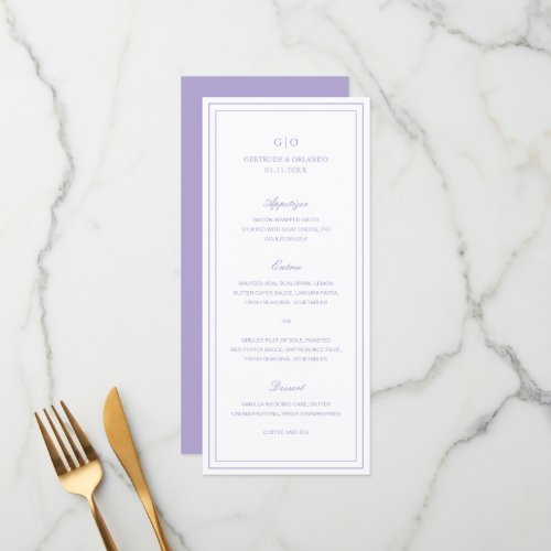 Formal Lavender Purple Monogram Elegant Wedding Menu