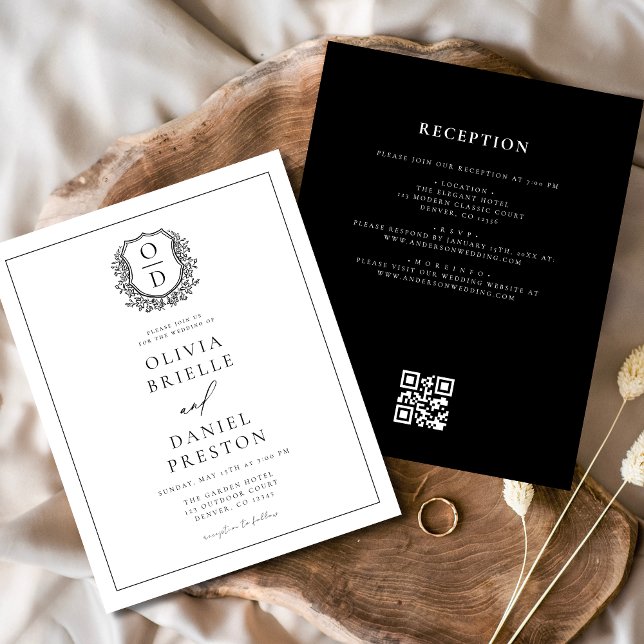 Formal Leafy Crest Monogram Wedding QR Code Flyer (Creator Uploaded)
