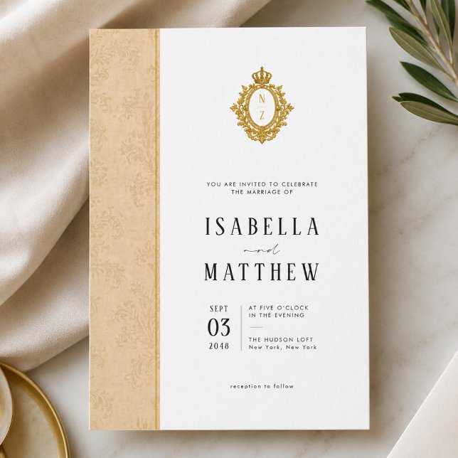 Formal Leafy Gold Crest Monogram Wedding Invitation (Creator Uploaded)
