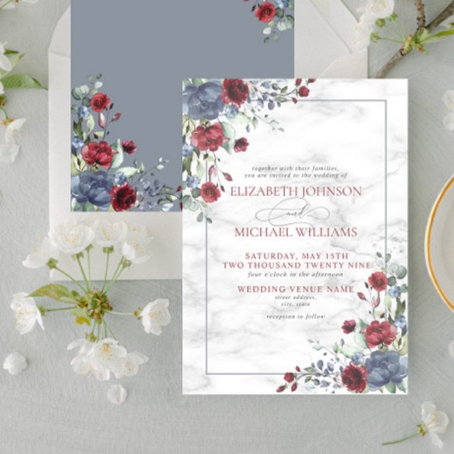 Formal Light Dusty Blue Burgundy Floral Wedding In Invitation (Creator Uploaded)