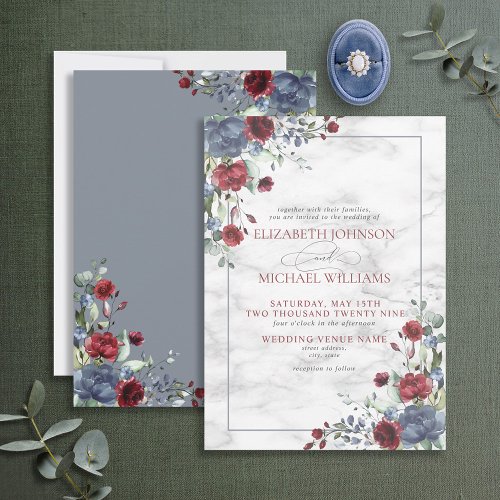 Formal Light Dusty Blue Burgundy Floral Wedding In Invitation