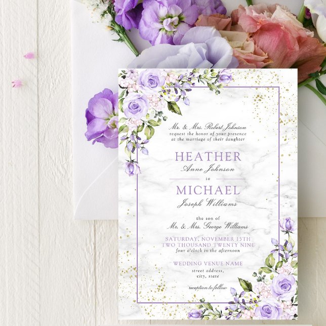 Formal Lilac Lavender Gold Marble Floral Wedding I Invitation (Creator Uploaded)
