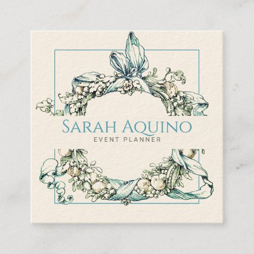 Formal Lush Blue Green Wreath Event Planner Square Business Card