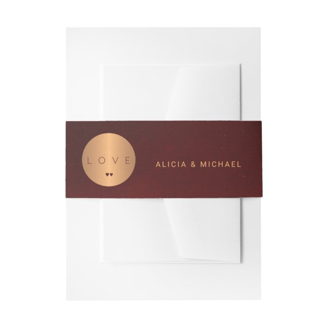 Formal luxury burgundy copper gold wedding love invitation belly band (Front Example)