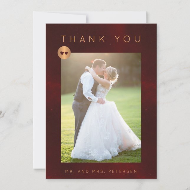 Formal luxury burgundy copper gold wedding photo thank you card (Front)