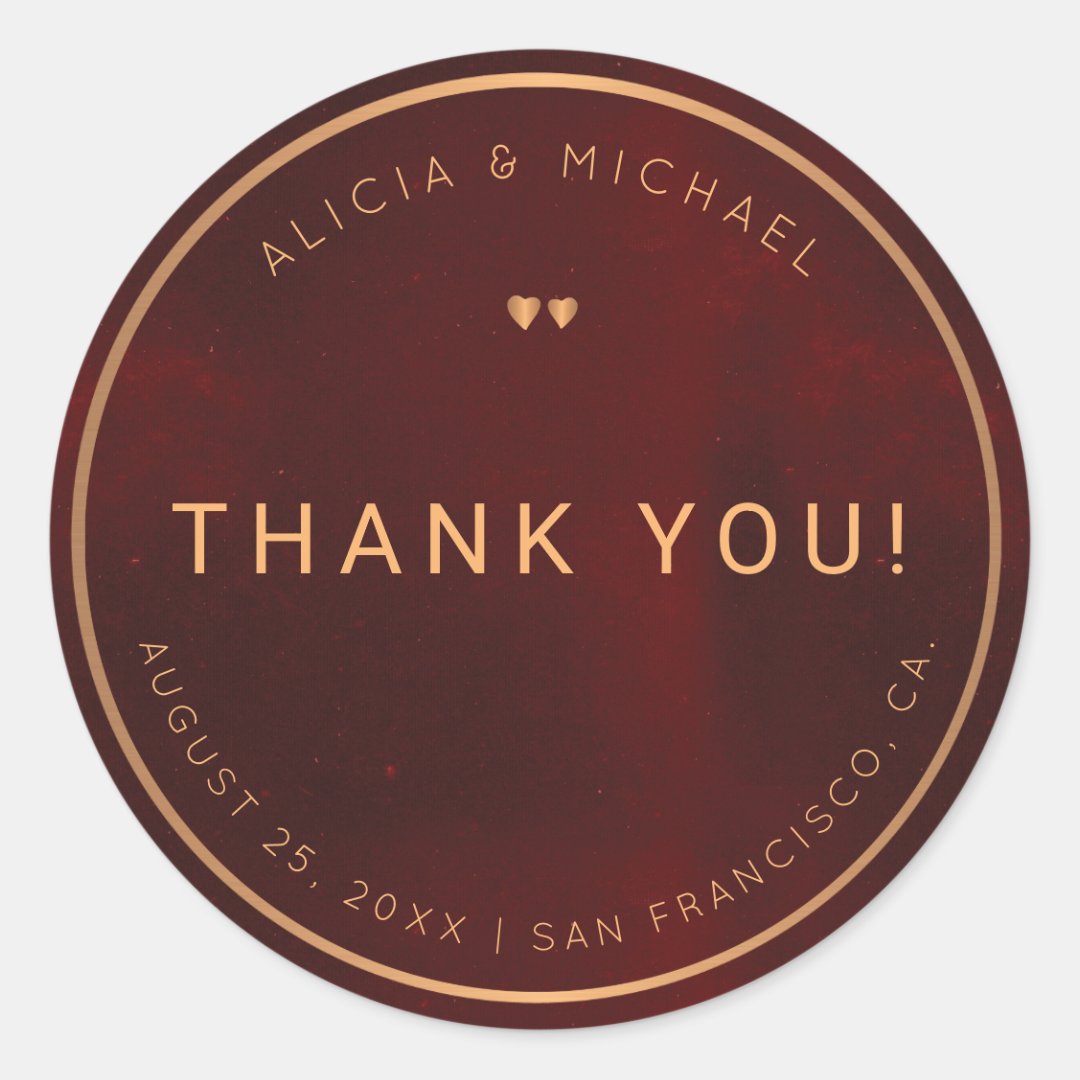 Formal Luxury Burgundy Gold Wedding Thank You Classic Round Sticker