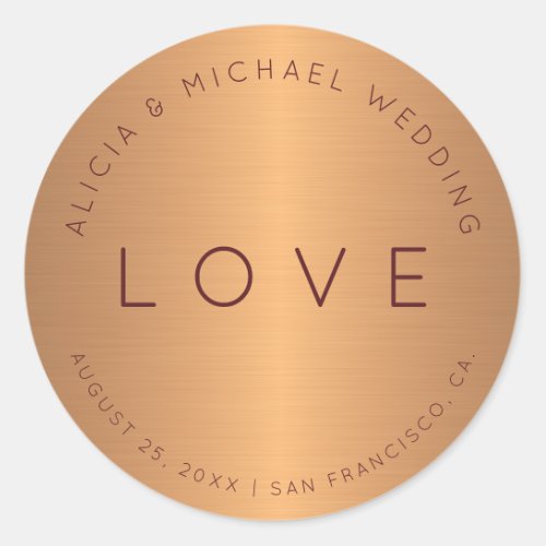 Formal luxury copper gold burgundy wedding love classic round sticker