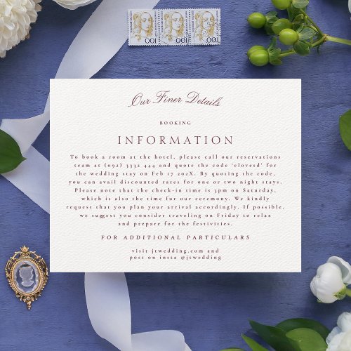 Formal Maroon Burgundy Calligraphy Wedding Details Enclosure Card