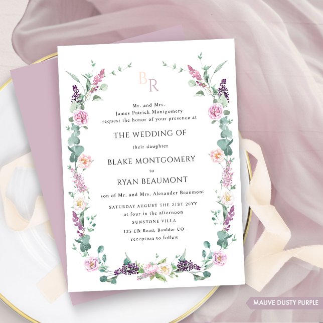 Formal Mauve Purple Pastel Floral Monogram Wedding Invitation (Creator Uploaded)
