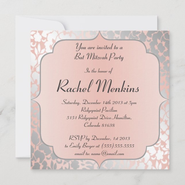 Formal Metallic Peach Floral Bat Mitzvah Invitation (Front)