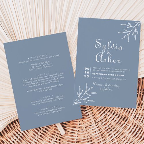 Formal Minimal Dusty Blue Front and Back Wedding Invitation