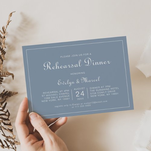 Formal Minimal Dusty Blue Rehearsal Dinner  Invitation